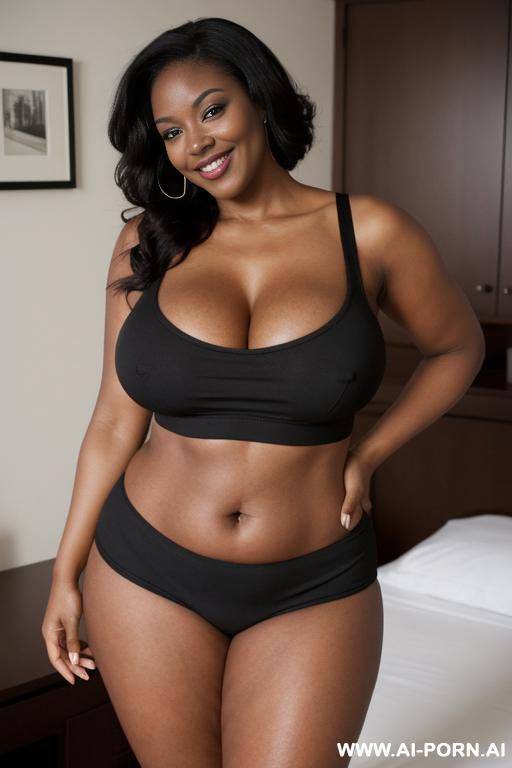 curvy black aged mom with a seductive smile. she has thick thighs. she has massive saggy natural tits. she is standing up. she is wearing tight short shorts and an undersized tank top. looking over her shoulder pose - #main