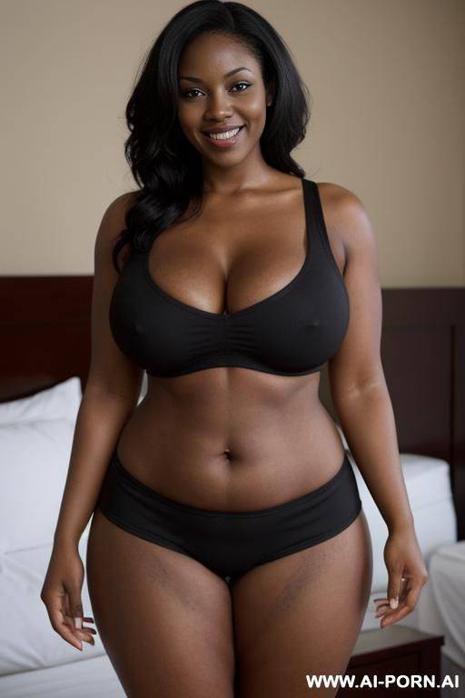 curvy black aged mom with a seductive smile. she has thick thighs. she has massive saggy natural tits. she is standing up. she is wearing tight short shorts and an undersized tank top - #main