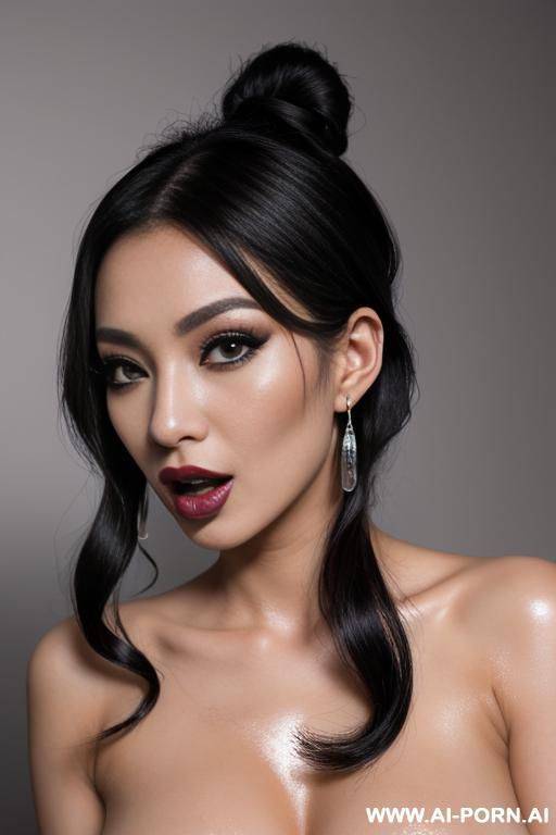pov, her face surprised, (open mouth, orgasm), supermodel, bun hairstyle, long eyelashes, black eyeliner, mascara, dark eye shw, glossy black lipstick, sexy lips, sexy facial expression, earrings, - #main