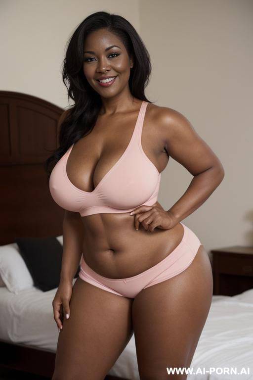 curvy black aged mom with a seductive smile. she has thick thighs. she has massive saggy natural tits. she is standing up. she is wearing pink tight short shorts and an undersized pink tank top. looking over her shoulder pose - #main
