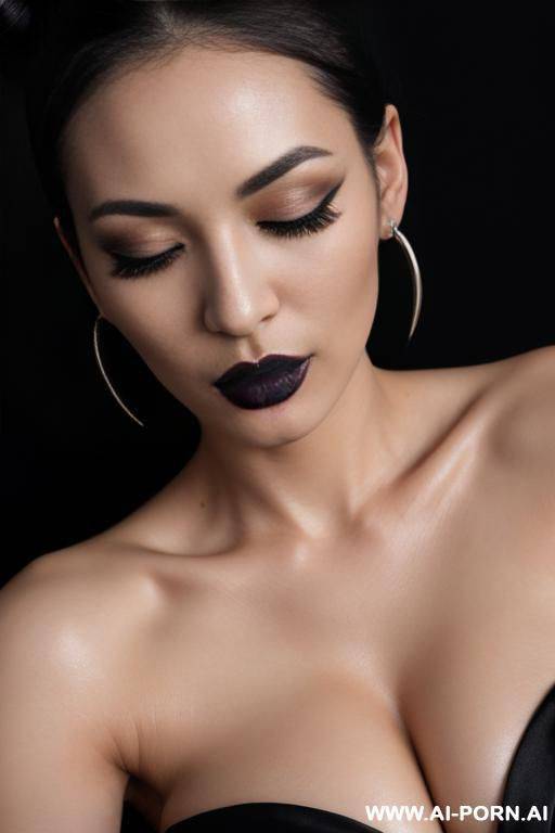 (from below:1.2), supermodel, bun hairstyle, long eyelashes, black eyeliner, mascara, dark eyeshw, glossy black lipstick, sexy lips, sexy facial expression, earrings, naked, black nails, (close up - #main