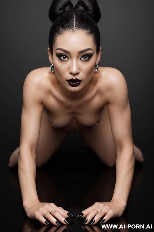 full body view, supermodel, bun hairstyle, long eyelashes, black eyeliner, mascara, dark eyeshw, glossy black lipstick, sexy lips, sexy facial expression, earrings, naked, black nails, gy style sex, - #main