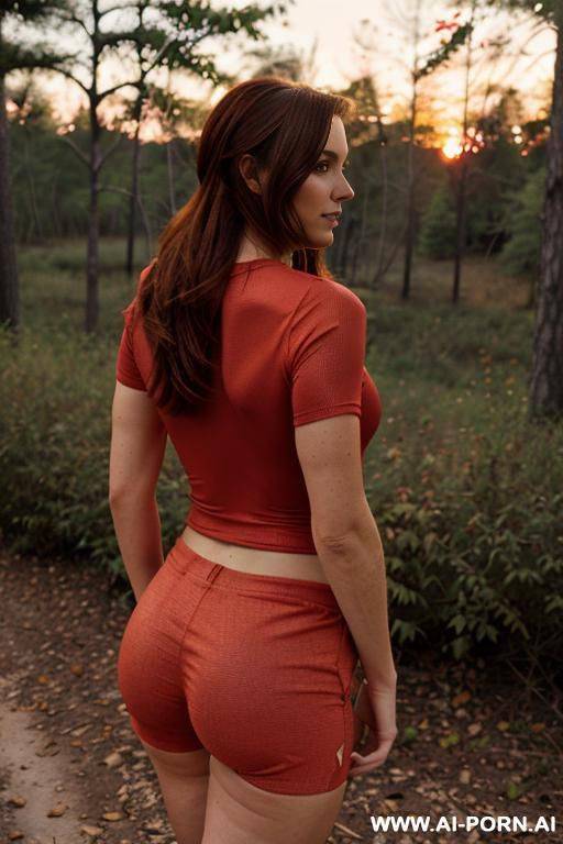 (suburban mom) (tight shorts) (red tshirt) (hiking) (dense woods) - #main