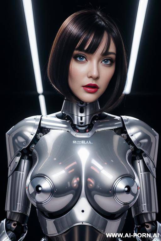 (realistic very detailed robot doll total meccanical artificial robot body woman) with long black hair and black-white glossy rubber latex glass transparent colored skin threads, glowing blue robotic - #main