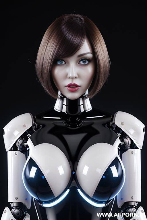 (realistic very detailed robot doll total meccanical artificial robot body woman) with long black hair and black-white glossy rubber latex glass transparent colored skin threads, glowing blue robotic - #main