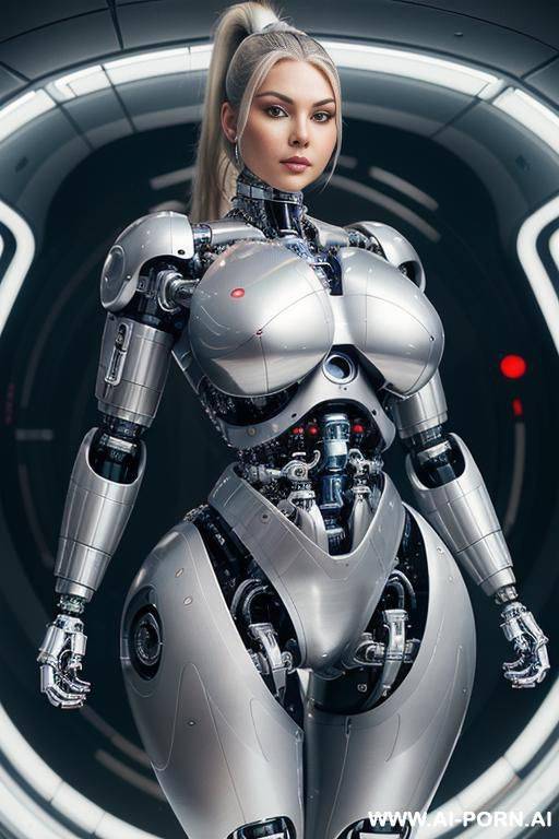 (((realistic look, super realistic))) ((spaceship)) ((front view)) (((beautiful cyborg woman))) (((sexy cyborg woman))) ((blonde)) ((long ponytail hairstyle)) (((perfectly beautiful face, sexy plump lips))) - #main