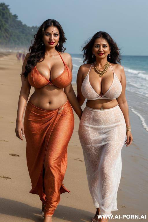 two indian womans walking in the street, detailed face, heavy tits, ((deep massive cleavage)), ((hour-glass figure)), slutty,, ((oversized chest)), (narrow hips), ((thighs)) (perfect fingers) (hands down) - #main