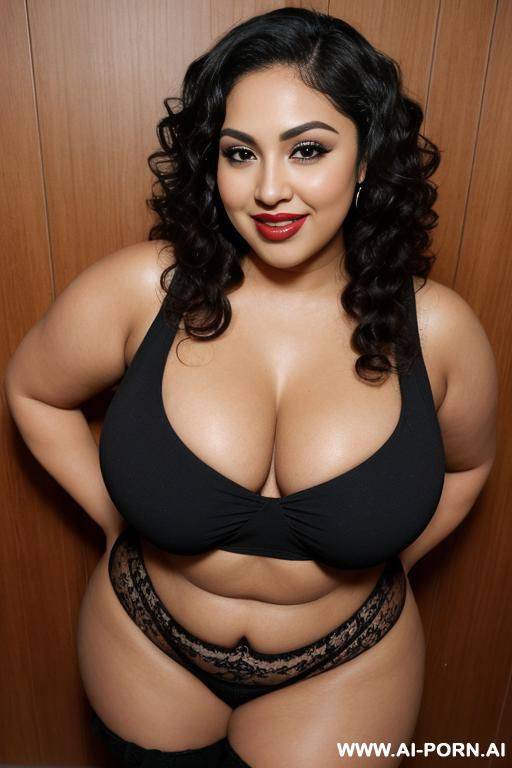 latina woman posing for picture. natural boobs. chubby body. curly hair. black hair. chola. chola make up. seductive smile. eyebrow raised. chubby arms. raised eyebrow. short. chubby thighs. middle age woman. - #main