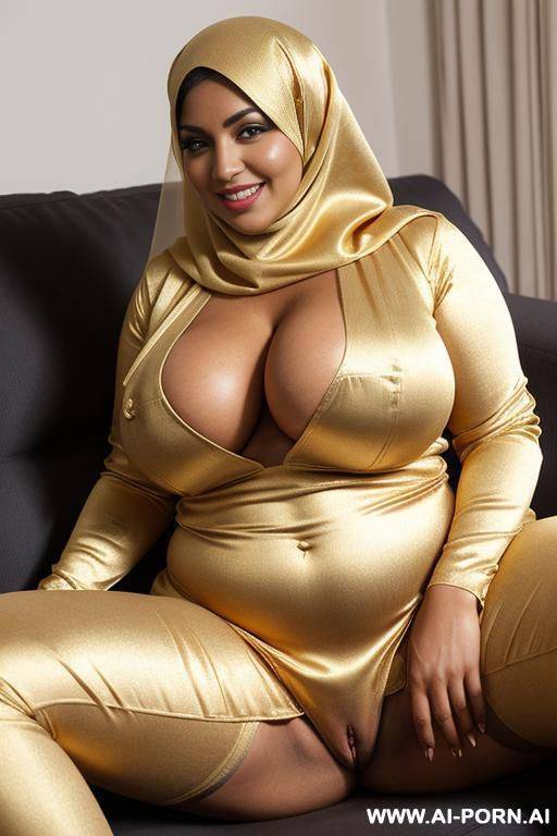 busty milf, tight golden satin burka, nikab, leg spreading, lusty smile, see through burka, in couch, huge ass, chubby woman, one tits out - #main