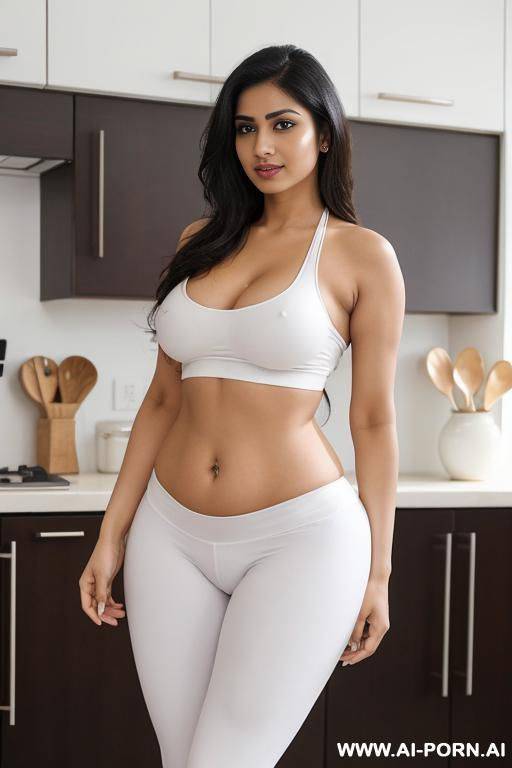 a beautiful indian housewife with white skin tone and hourglass figure, she is standing topless in kitchen but wear a white tight leggings - #main