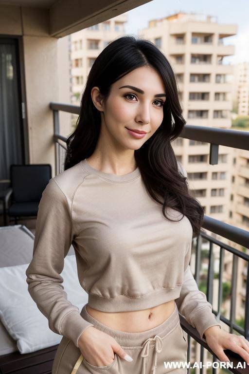 ((crew neck shirt, jogger pants)), ((iranian)), ((higareda)), (pretty face), (detailed face), (soft slutty smile), (perfect), (natural lighting), ((highly detailed photo)), ((busty)), (((apartment balcony ))) - #main