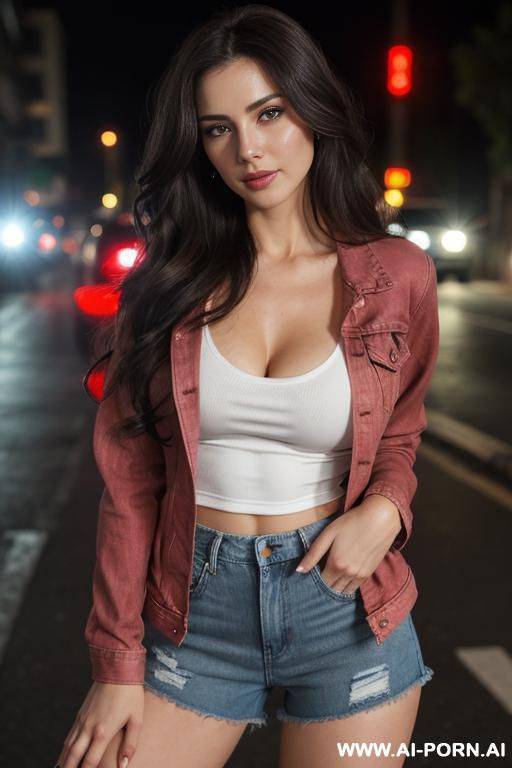 pretty, english, 30, flowing wavy hair, dark brown hair, very white skin, natural boobs, slight smile, makeup, eye shw, standing, spreading legs, denim jacket, deep v-neck red t-shirt, gym shorts, night time, street racing background. - #main