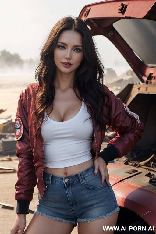 pretty, english, 30, flowing wavy hair, dark brown hair, very white skin, natural boobs, slight smile, makeup, eye shw, standing, spreading legs, bomber jacket, deep v-neck red t-shirt, denim shorts, fog, scrapyard background. - #main