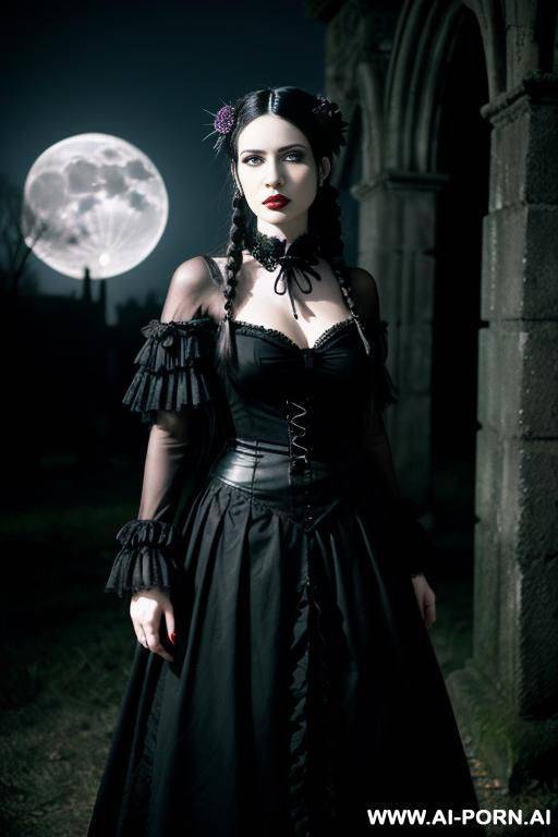 , with a complexion and long, dark braids. expression is typically stoic, with a hint of disdain. slender. wears a black dress with a white collar, tie, dark skirt eyes are dark. stands in - #main