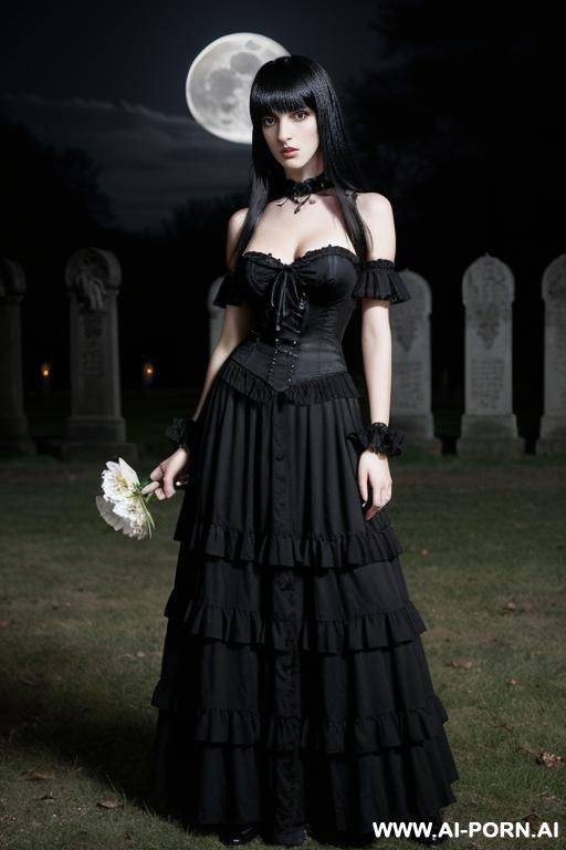 , with a complexion and long, dark fringe bangs, expression is typically stoic, with a hint of disdain. slender. wears a black dress with a white collar, tie, dark skirt eyes are dark. - #main