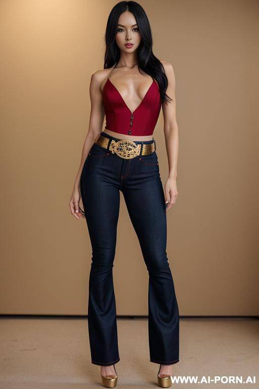 flare jeans, low rise jeans, stiletto heels, red corset, gold belt - #main