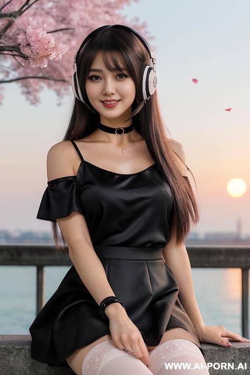 --[[ :p ]]-- ((sunset background)) ((pink tree flowers flowing through the air)) (stars) (moon) ((upper body, close view)) ((kawaii)) (( art style)) (( happy smile)) (long silky brown hair) (golden - #main