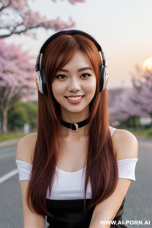 --[[ :p ]]-- ((sunset background)) ((pink tree flowers flowing through the air)) (stars) (moon) ((upper body, close view)) ((kawaii)) (( art style)) (( happy smile)) (long silky layered auburn - #main