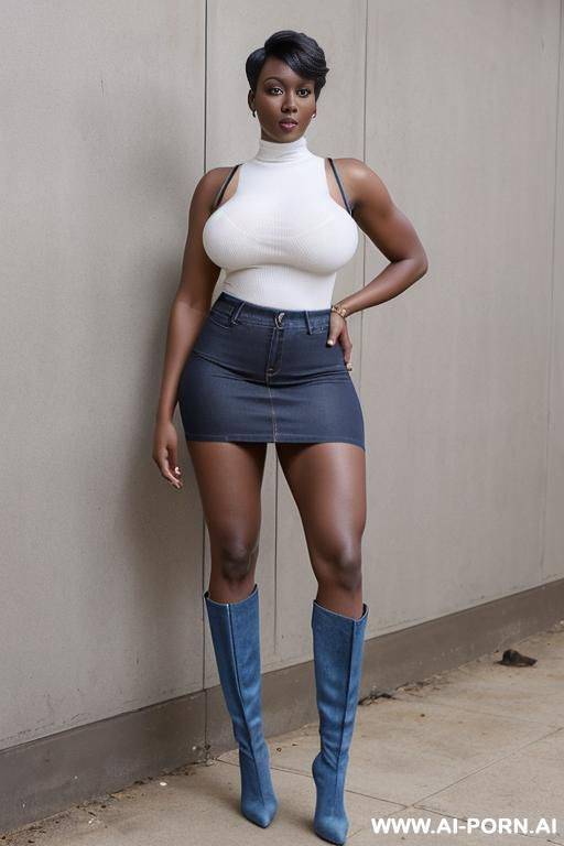 (african tall milf) (very dark skin) (tight denim skirt) (hot abs) (huge boobs) ( very high heels) (white socks) (hot fit ass) (military tactical boots) (pixie hair cut) (full body shoot) - #main