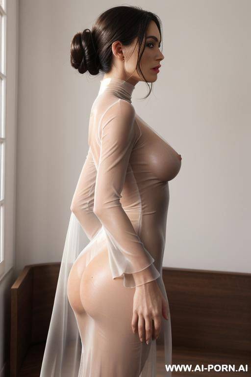 ultrarealistic picture quality, frontal low angle view photo, totally naked beautiful old female is wearing nude body see-through glossy dress, nude skin trasparent seethrough gown, pure nudity - #main