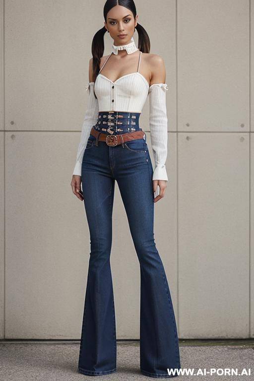 flare jeans, low rise jeans, stiletto heels, corset, wide belt, jacket - #main