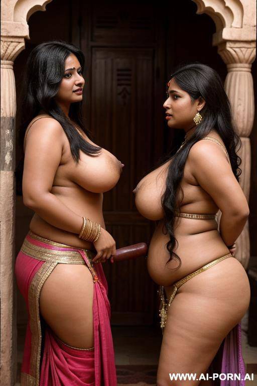 two ancient indian chubby priestesses are undressing a chubby indian female with shaved vagina and saggy tits for serving in a harem - #main