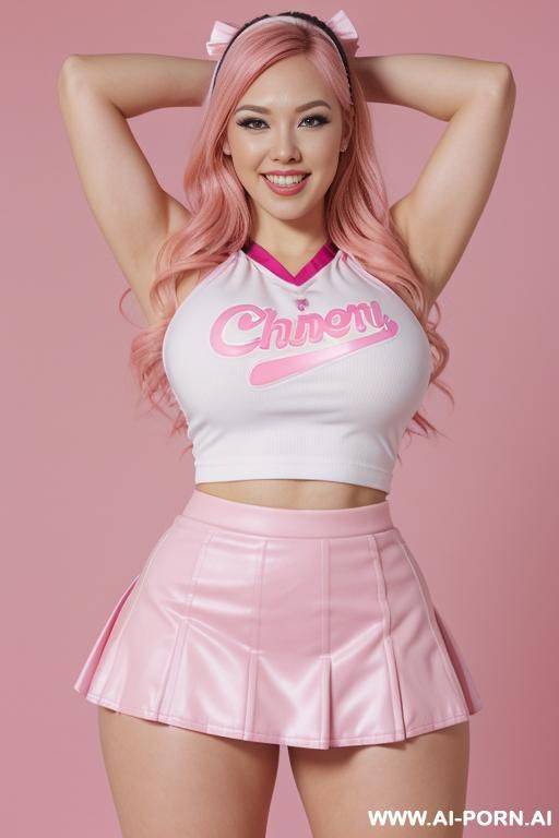 (asian), (pink hair), (cheerleader), (happy), (thick thighs), (massive thighs), (gigantic thighs), (enormous thighs) - #main
