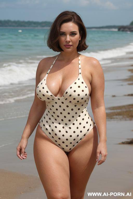 (((brown)) swimsuit bodysuit), ((cream polka dots) ) high shoes, walking in the beach, full body view - #main