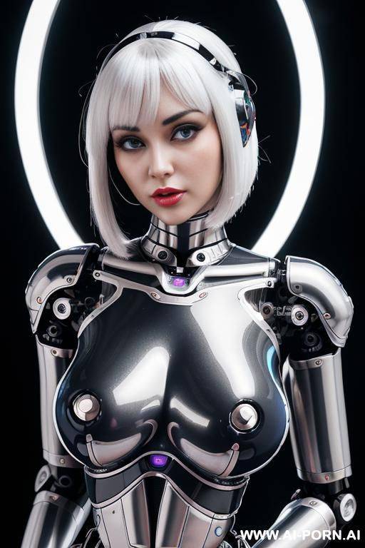 (realistic very detailed robot doll total meccanical artificial robot body woman) with long black hair and black-white glossy rubber latex glass transparent colored skin threads, glowing blue robotic - #main