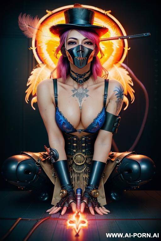 ((((masterpiece)))), (((woman sitting))), (glowing red eyes), (long blue purple and white hair with a flower), ((crop top white collar shirt with red tie)), ((((flaming angel wing)))), ((navy formal - #main