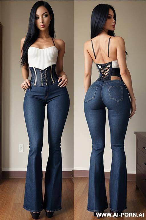 flare jeans, low rise jeans, from behind, stiletto heels, corset, ass - #main