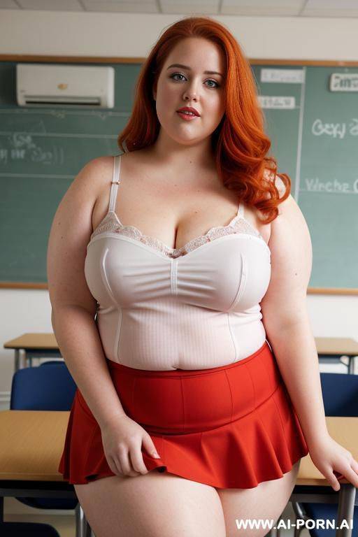 ((close up half body photo shot)), about at classroom, redhead ((obese)) chubby fat bbw curvy teacher, wearing a sexy and hot micro red ruffle skirt and elegant top, teaching to the classroom. - #main