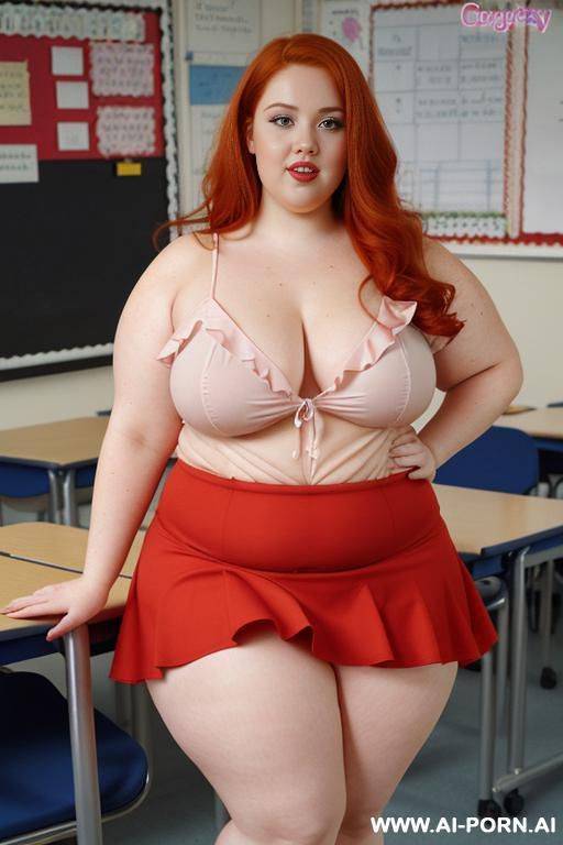 close up half body photo shot, about at classroom, redhead ((obese)) chubby fat bbw curvy teacher, wearing a sexy and hot micro red ruffle skirt and elegant top, teaching to the classroom. - #main
