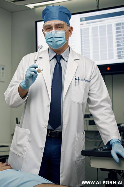 realistic photo. man wearing medical cap medical face mask in his 20s lies on operating table in operating room. there is an old chubby male doctor wearing medical cap, medical white labcoat, - #main
