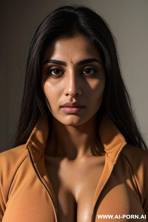 pakistani, tan, drowsy facial expression, dri fit jacket, huge round perfect oval tits, big nose - #main