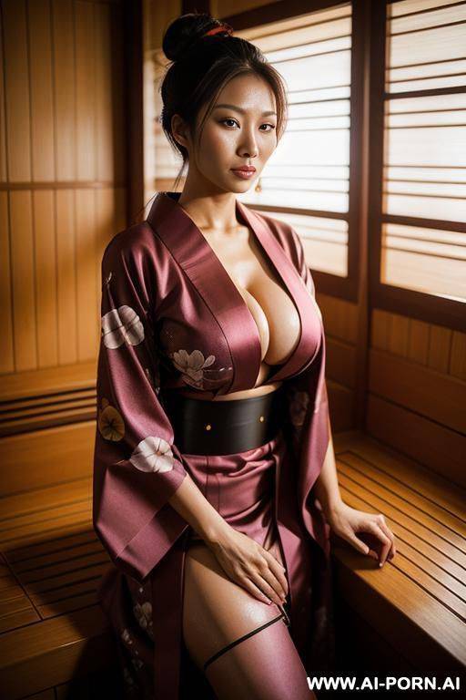 traditional kimono, cleavage, big perfect titties, oiled wet body, black long hair - #main