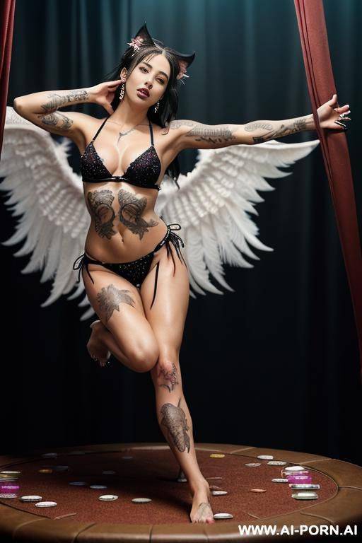 anime woman, sexy, beautiful, ((bikini as seashell)), ((roses)), ((eyes shw)), ((angel wings)), ((real actress from science-fiction movies face)), ((glitter)), ((long bu hair)), ((wind)), (( cat face)), - #main