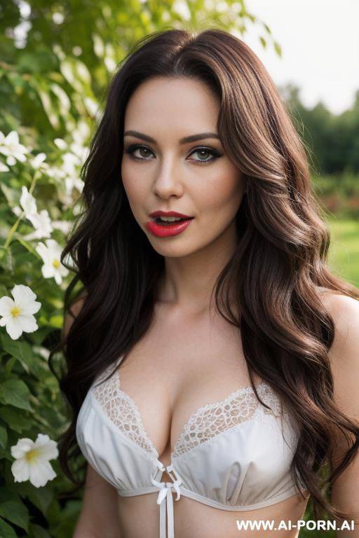pretty, hungarian, 30, flowing wavy hair, dark brown hair, very white skin, natural boobs, slight smile, makeup, eye shw, standing, garden background, giving a man a blowjob, cock in mouth - #main