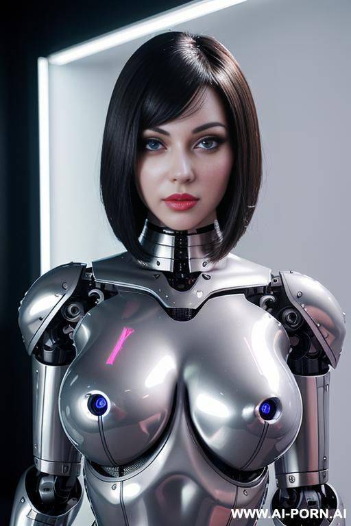 (realistic very detailed robot doll total meccanical artificial robot body woman) with long black hair and black-white glossy rubber latex glass transparent colored skin threads, glowing blue robotic - #main