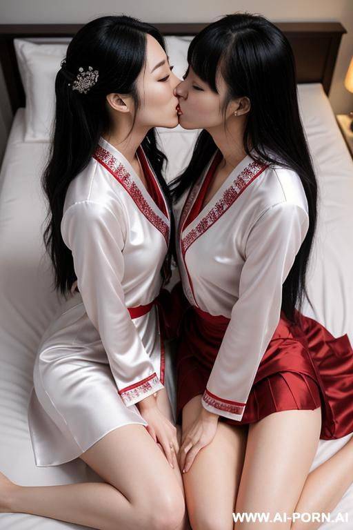 women, hugging and kissing, 2 korean idol wear wedding dress and kissing on bed, bride, 2 womans are pressing each other and kissing on the bed , lay on bed, kissing while lay on bed, - #main