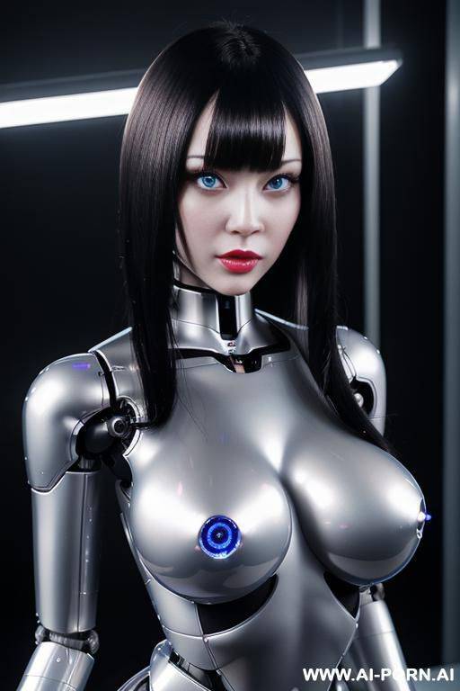 (realistic very detailed robot doll total meccanical artificial robot body woman) with long black hair and black-white glossy rubber latex glass transparent colored skin threads, glowing blue robotic - #main