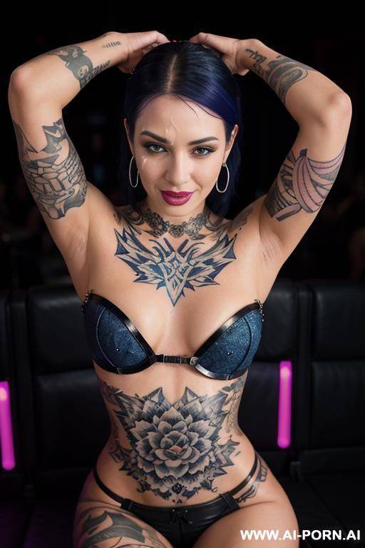 medium tits, big ass, white caucasian, tall, slightly muscular, blue straight hair, slightly thick thighs, total body fishnet, jeans panties, high heels boot, leather jacket - #main