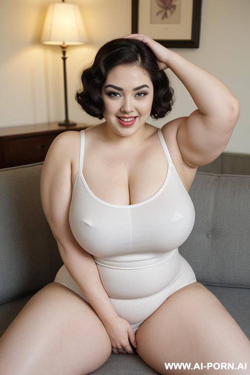 big tits, chubby, tanktop, slip, (((muscles))), (((pallid white skin))), ((large eyes)), eye contact, (makeup:0.1), ((narrow hips)), thick arms, ((laying down)), couch, open legs - #main