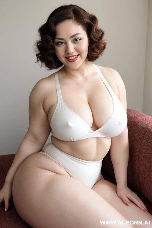 big tits, chubby, tanktop, slip, (((muscles))), (((pallid white skin))), ((large eyes)), eye contact, (makeup:0.1), ((narrow hips)), thick arms, ((laying down)), couch, cleavage - #main