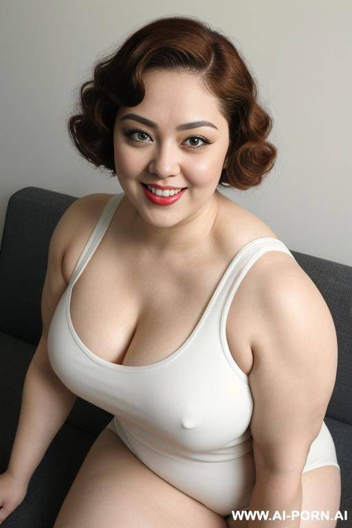 big tits, chubby, tanktop, slip, (((muscles))), (((pallid white skin))), ((large eyes)), eye contact, (makeup:0.1), ((narrow hips)), thick arms, laying down, couch, - #main