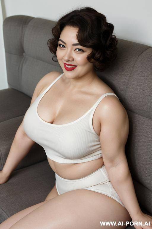big tits, chubby, tanktop, slip, (((muscles))), (((pallid white skin))), ((large eyes)), eye contact, (makeup:0.1), ((narrow hips)), thick arms, ((laying down)), couch, - #main