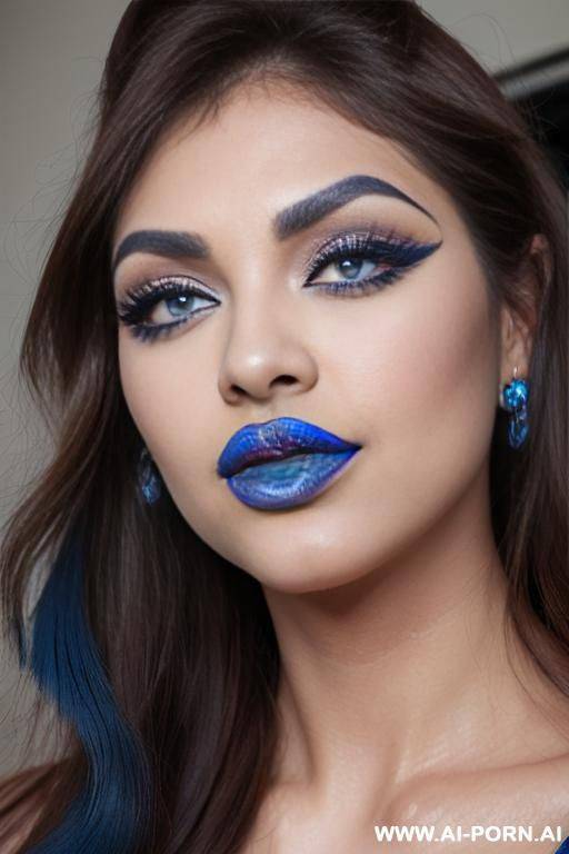 (((very beautiful face, big round lips, blue lip gloss, blue lipstick, big brown eyes, eyeliner, long fluffy eyelashes))) - #main