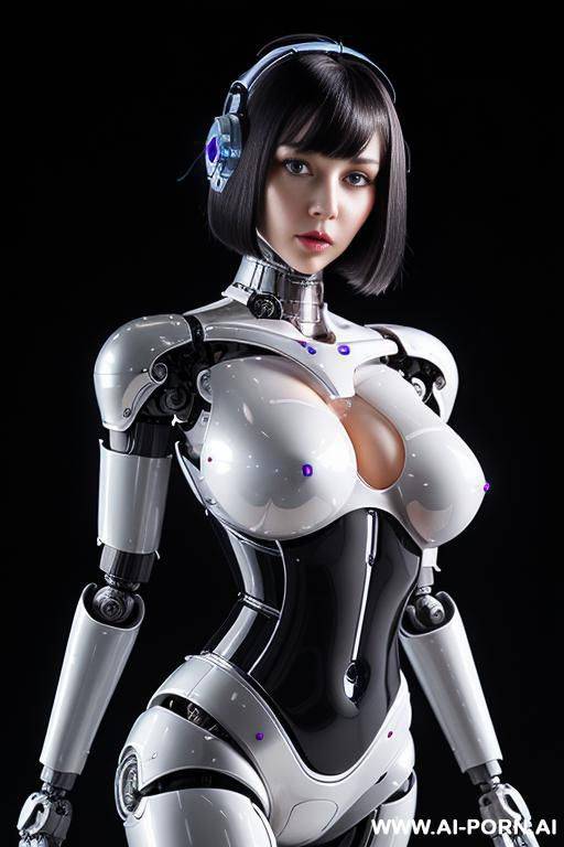(realistic very detailed robot doll total meccanical artificial robot body woman) with long black hair and black-white glossy rubber latex glass transparent colored skin threads, glowing blue robotic - #main