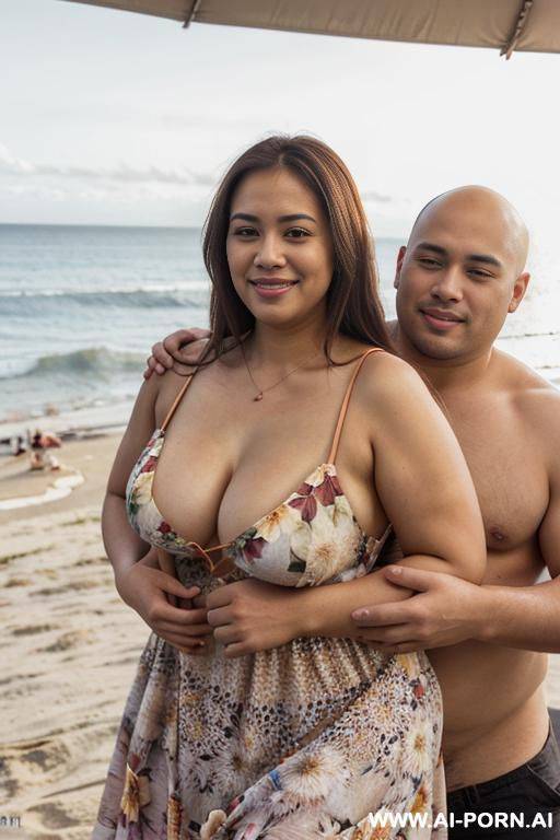 ((flower sundress)), (((cleavage))), ((thick)), beach festival, summer party, ((double chin)). a fat thick shorty filipina milf is hugging with a couple tall handsome fit american men. she is holding - #main