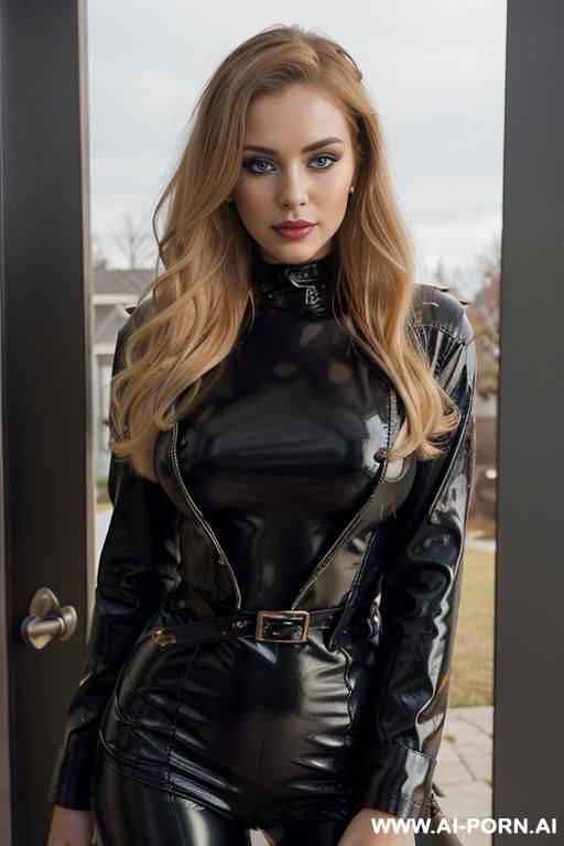 suburban woman, playmate, latex halloween costume, front door entrance, blue eyes, beautiful, makeup, black lips, outside, red leather trench coat - #main